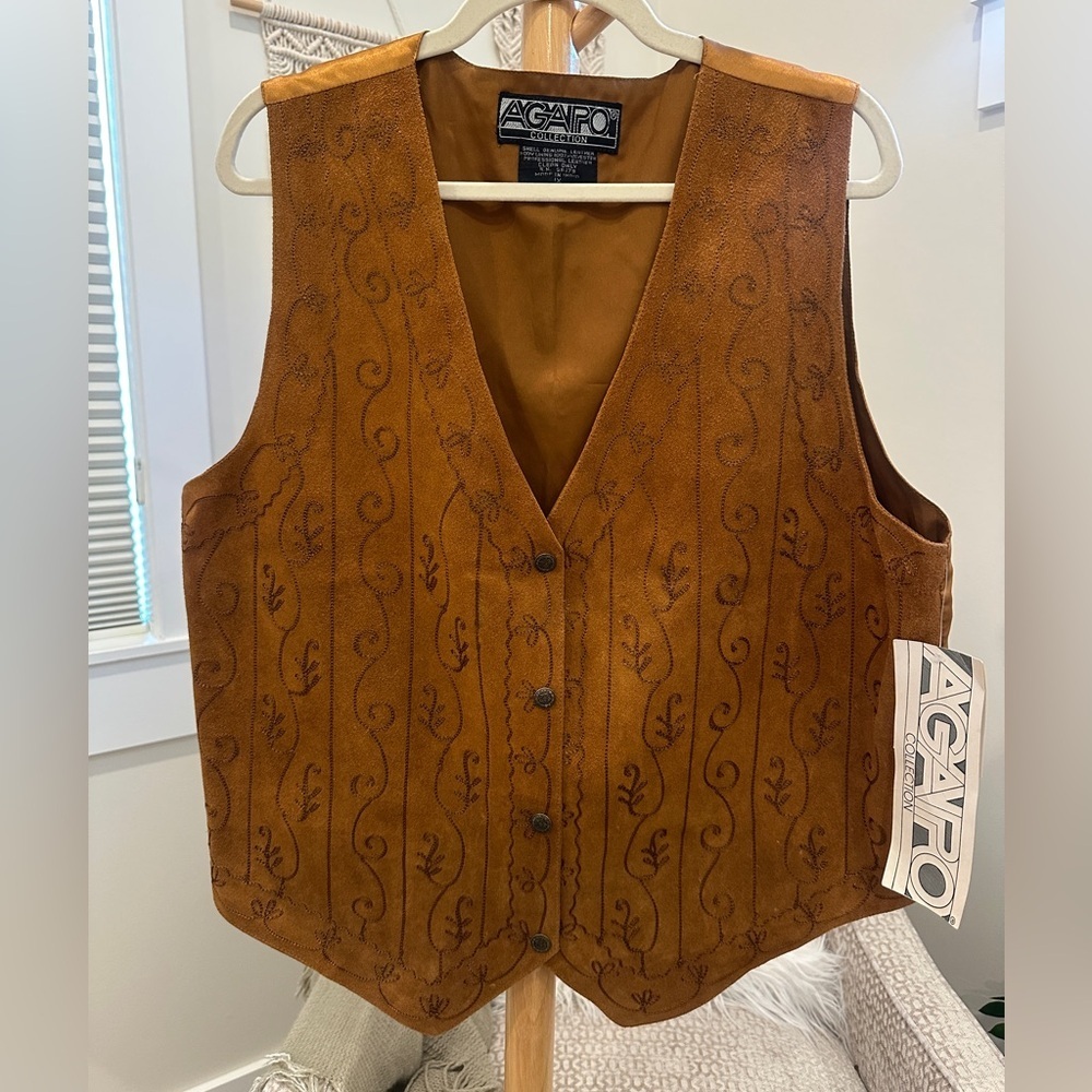 Agapo Vintage Genuine Leather Embroidered Vest Cognac Brown NWT, XL / XXL - Picture 3 of 7